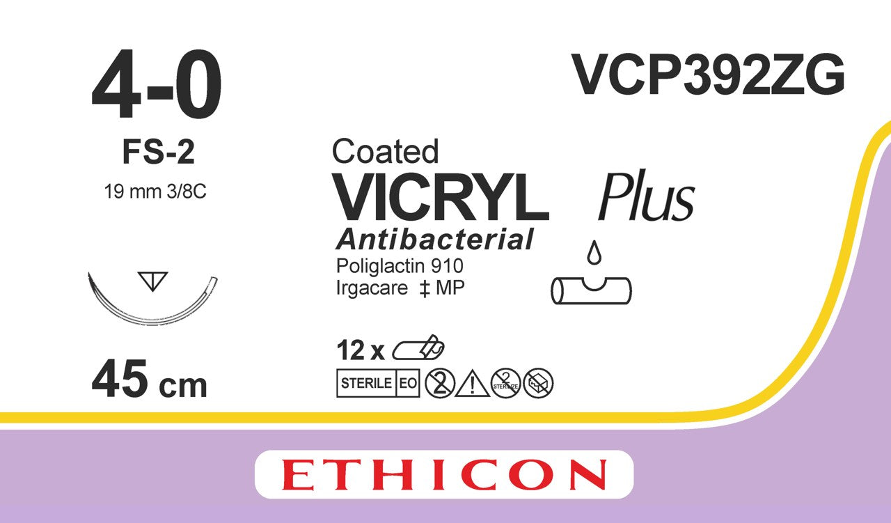 Coated Vicryl™ Plus Reverse Cutting Needles FS–2 | 4-0 | 3/8 Circle | 19mm | 45cm | Violet | Braided | Box of 12