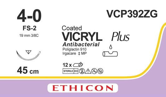 Coated Vicryl™ Plus Reverse Cutting Needles FS–2 | 4-0 | 3/8 Circle | 19mm | 45cm | Violet | Braided | Box of 12