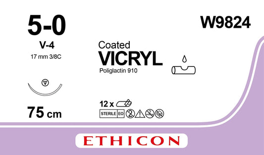 Coated Vicryl™ Sutures TAPERCUT Needles V–4 | 5–0 | 3/8 Circle | 17mm | 75cm | Undyed | Braided | Box of 12