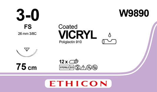 Coated Vicryl™ Sutures Reverse Cutting Needles FS | 3–0 | 3/8 Circle | 26mm | 75cm | Undyed | Braided | Box of 12