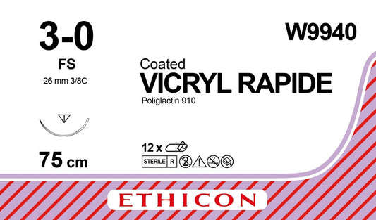 Coated Vicryl Rapide™ Reverse Cutting Needles FS | 3–0 | 3/8 Circle | 26mm | 75cm | Undyed | Braided | Box of 12