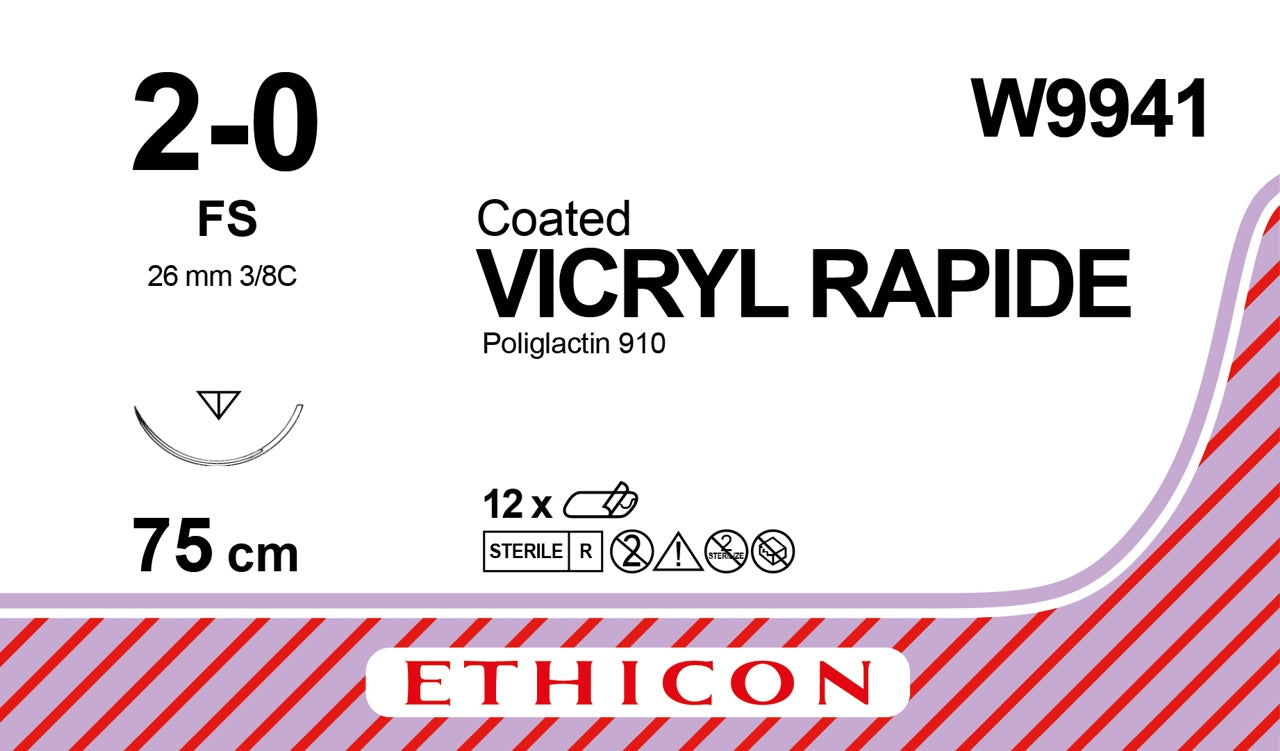 Coated Vicryl Rapide™ Reverse Cutting Needles FS | 2–0 | 3/8 Circle | 26mm | 75cm | Undyed | Braided | Box of 12