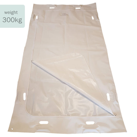 full length image of the white peva u zip body bag with zip half open