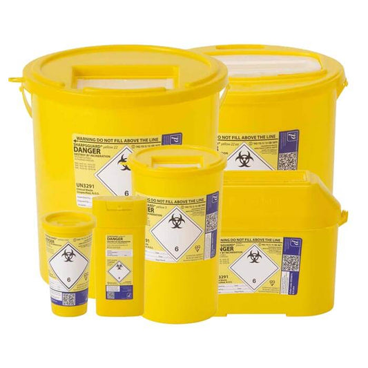 Sharpsguard sharps bins with yellow lid.