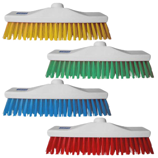 4 white brooms in different colours, including yellow, green, blue and red. 