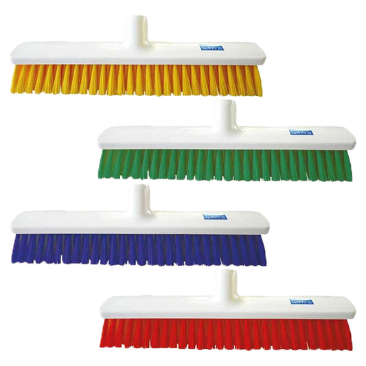 4 white brooms with different colour bristles including yellow, green, blue and red. 