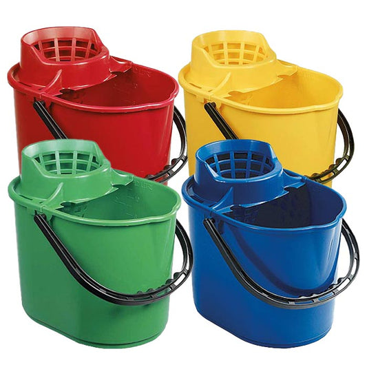 4 mop buckets in red, yellow, green, and blue. 