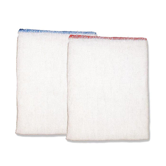 2 White dishcloths with blue/red edging. 