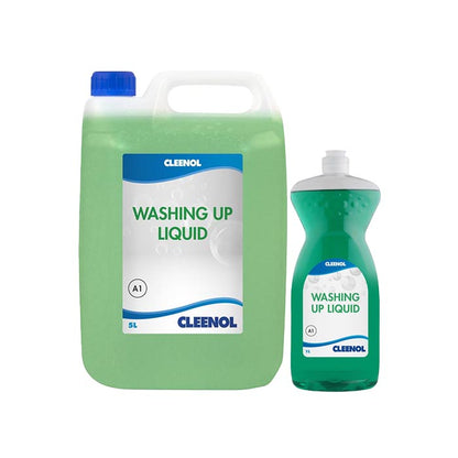 Small and large containers of cleenol washing up liquid. 