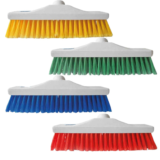 4 white brooms in different colours, including Yellow, Green, Blue and Red.