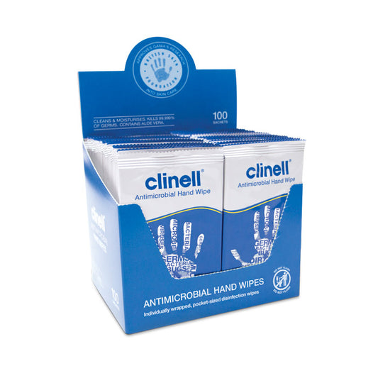 Box of 100 individually wrapped Clinell Antimicrobial hand wipes