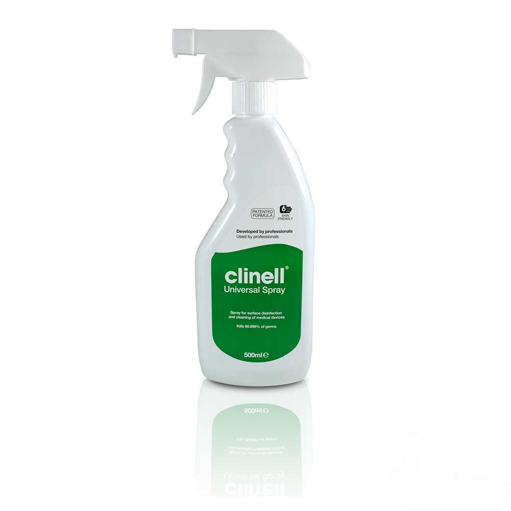 Clinell Universal white Spray bottle with Clinell white and green label. 