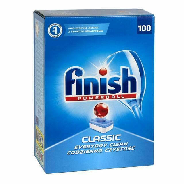 Blue box of Finish Powerball Classic dishwasher tablets. 