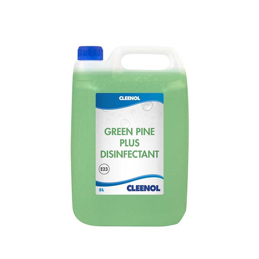 Clear 5-litre container with blue lid, green liquid and product label. The product label is blue and white and reads 'Cleenol Green Pine Plus Disinfectant'.