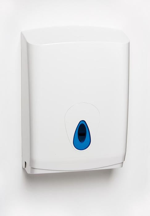 White hand towel dispenser with blue transparent teardrop design. 