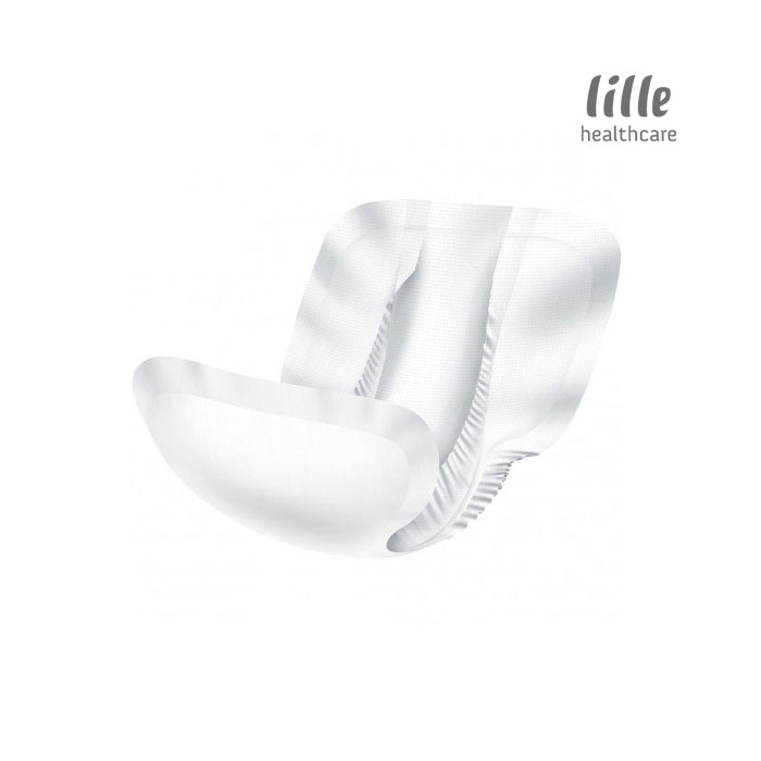 A white lille suprem form shaped incontinence pad. 