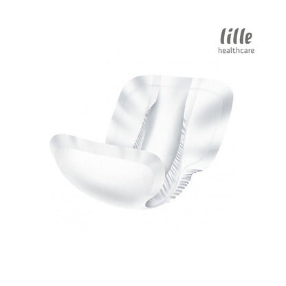 A white lille suprem form shaped incontinence pad. 