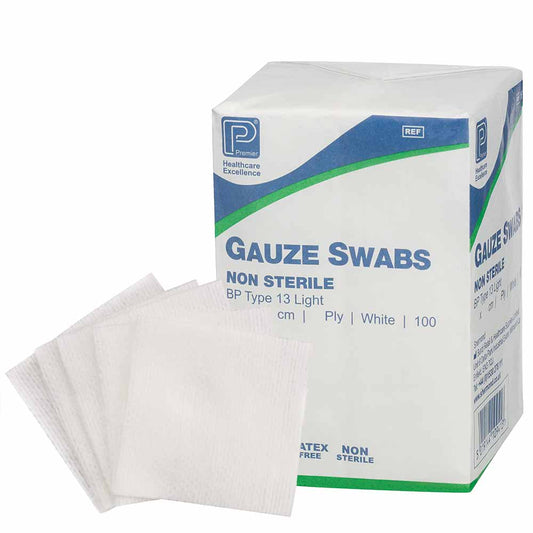 Premier Cotton Non-Sterile Gauze Swabs | 12ply | Various Sizes | Pack of 100