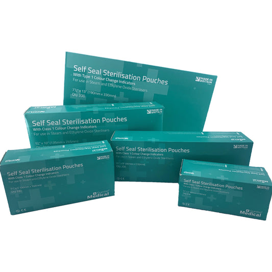 5 boxes in differing sizes of self-seal sterilisation pouches. The design is blue with lighter blue medical crosses. 