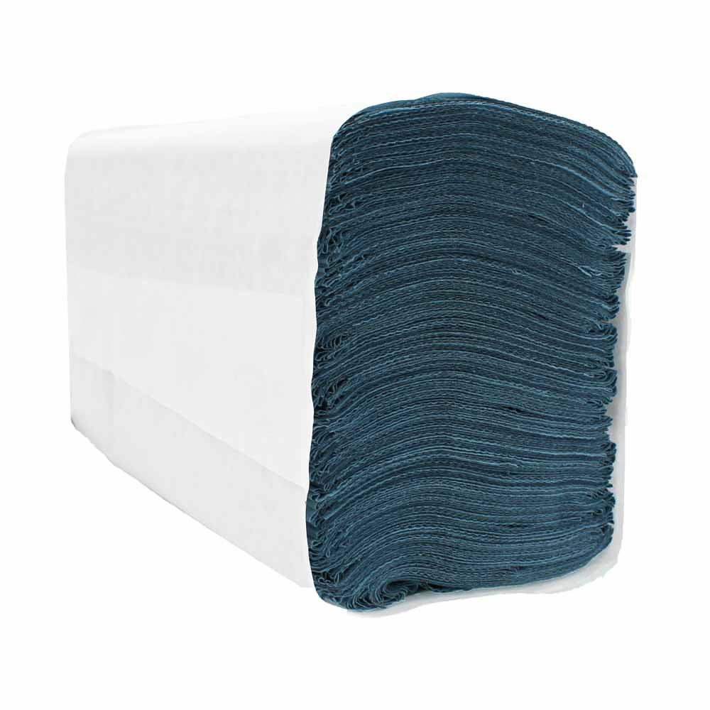 An unfolded blue z-fold hand towel.