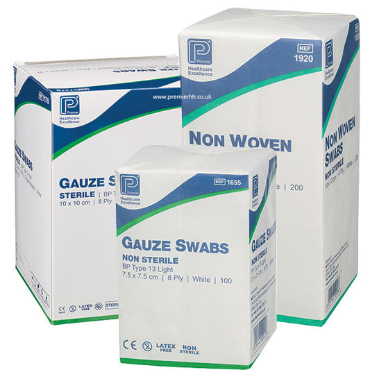 Premier Green Non-Sterile Cotton Gauze Swabs | 8ply or 12ply | Various Sizes