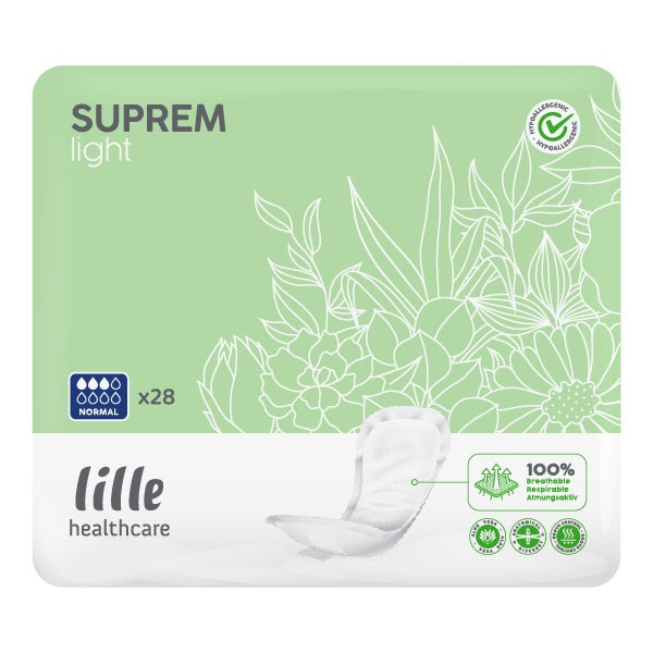 Green and white design of Suprem Light shaped pads outer packaging. 