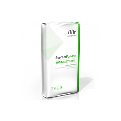 White and green outer packaging of lille suprem formen incontinence pads. 