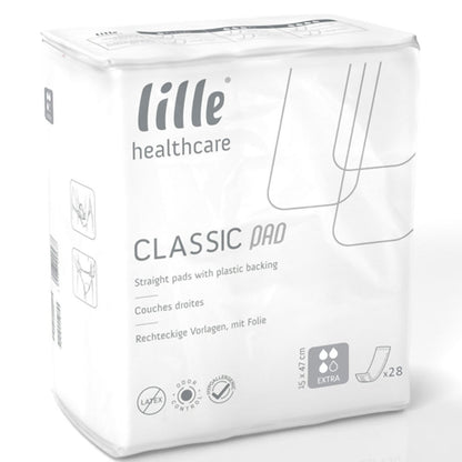 White and grey outer packaging of the lille classic pad incontinence pads. 