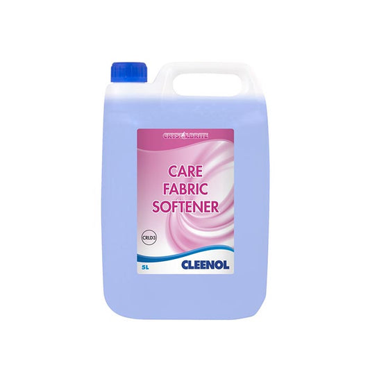 Clear 5-litre container with blue lid, lilac liquid and product label. The product label is pink and white, the text reads 'Crystalbrite Care Fabric Softener.