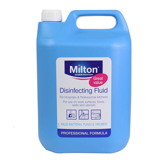 Blue 5 litre container with a white lid and product label. The product label is white with blue and pink detailing with text that reads 'Milton Maximum Protection, Great Value, Disinfecting Fluid, For Hospitals & Professional Kitchens'.