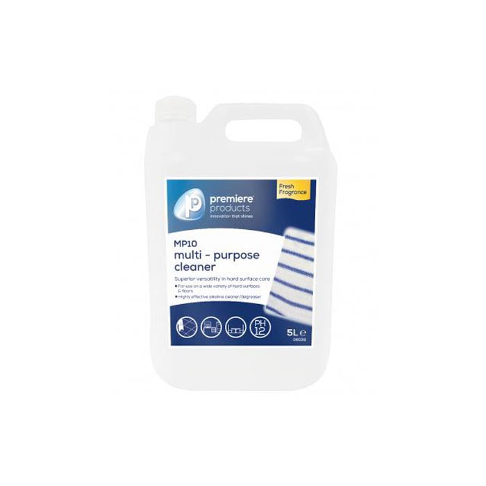 Clear 5-litre container with a blue and white product label. The product label reads 'MP10 multi-purpose cleaner'.