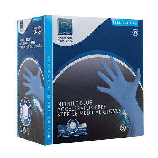 Premier Sterile Nitrile Accelerator Free Gloves | Various Sizes | Box of 50 Pairs