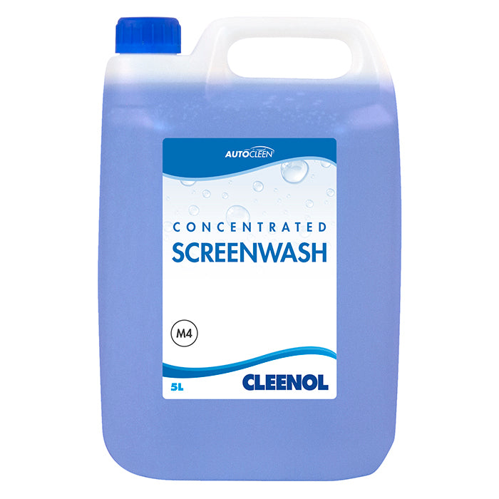 White bottle with a blue lid, a blue liquid and product label. Product label text 'AUTOCLEEN Concentrated Screenwash, M4, 5L, Cleenol'.