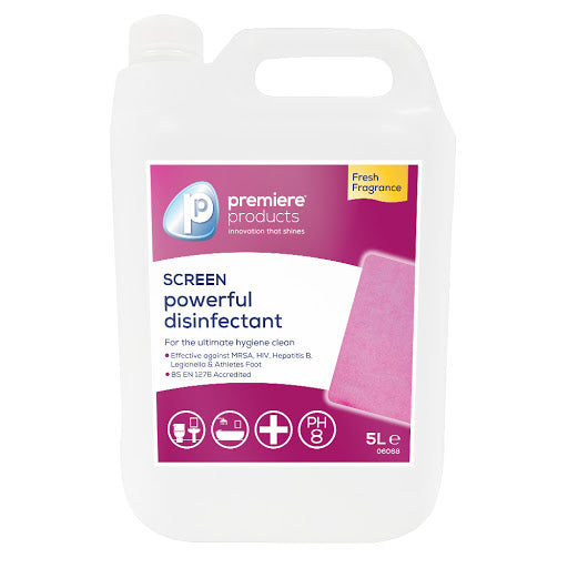 A white bottle with a pink product label for premiere's screen powerful disinfectant.