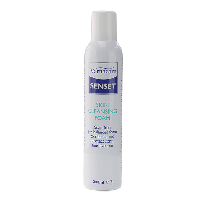 Senset skin cleansing foam by vernacare in a white aerosol. 