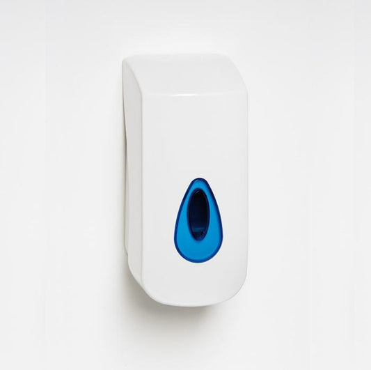 White soap dispenser with a blue teardrop window. 