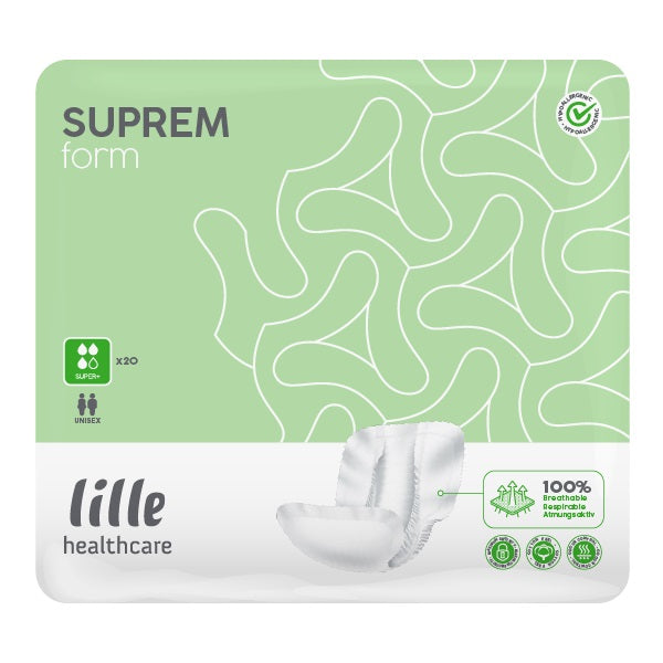 Green and white outer packaging of suprem form incontinence pads. 