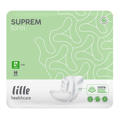 Green and white outer packaging of suprem form incontinence pads. 