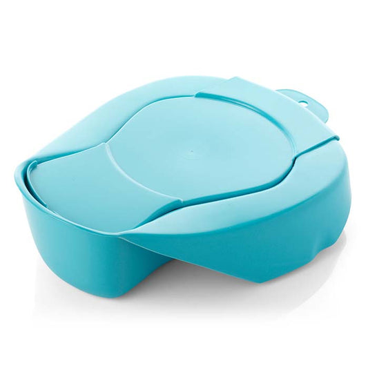 A blue warwick sasco vector hospital bedpan with closed lid.